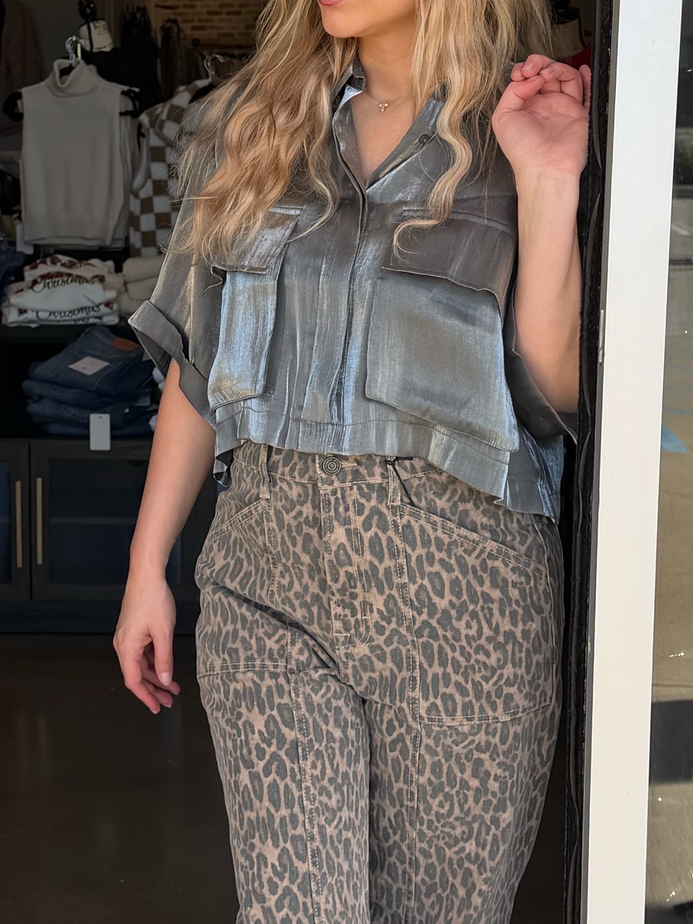 Shimmer Metallic Grey Boxy Button Down Boutique Blouse - Picture 9 of 10